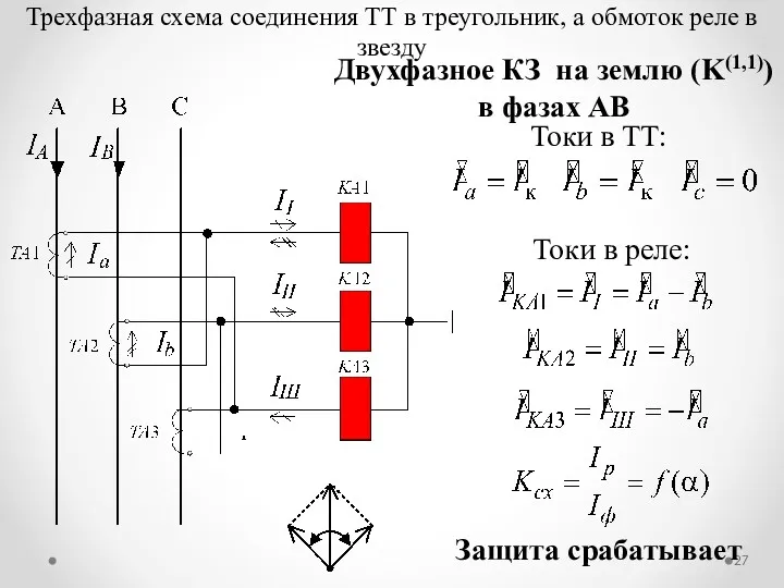 Трехфазная схема соединения ТТ в треугольник, а обмоток реле в