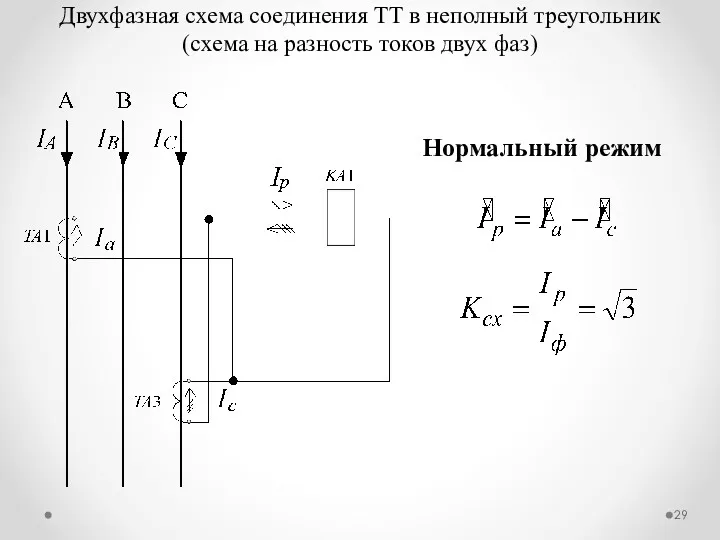 Двухфазная схема соединения ТТ в неполный треугольник (схема на разность токов двух фаз) Нормальный режим