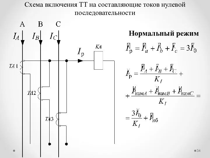 Схема включения ТТ на составляющие токов нулевой последовательности Нормальный режим