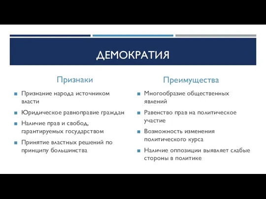 ДЕМОКРАТИЯ Признаки Признание народа источником власти Юридическое равноправие граждан Наличие