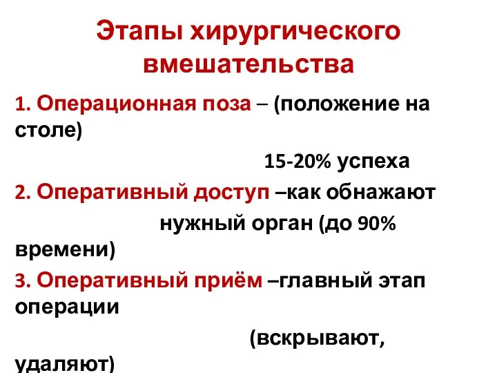 Этапы хирургического вмешательства 1. Операционная поза – (положение на столе)