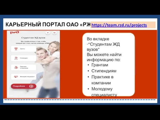 Р КАРЬЕРНЫЙ ПОРТАЛ ОАО «РЖД» Во вкладке -“Студентам ЖД вузов”