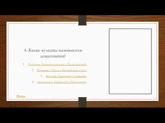 4. Какие вулканы называются домашними? Толбачик, Крашенинникова и Вилючинский; Вачкажец,