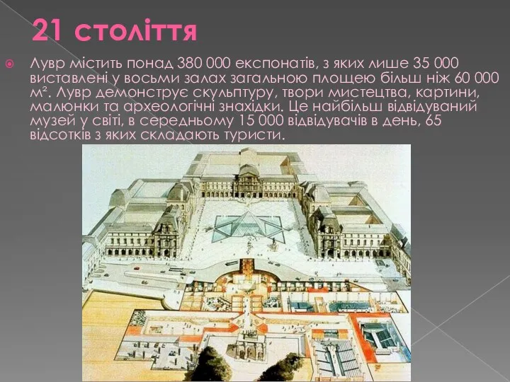 21 століття Лувр містить понад 380 000 експонатів, з яких