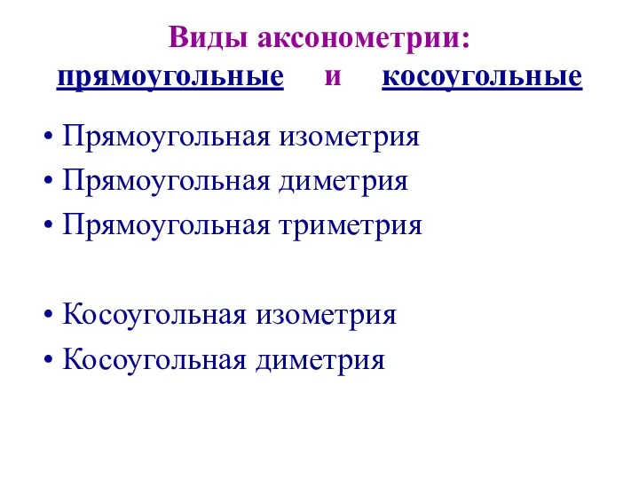 Виды аксонометрии: прямоугольные и косоугольные Прямоугольная изометрия Прямоугольная диметрия Прямоугольная триметрия Косоугольная изометрия Косоугольная диметрия