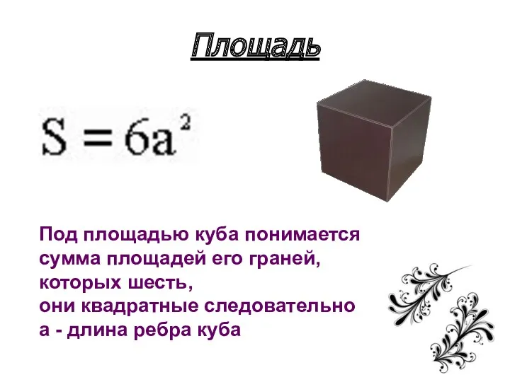 Площадь Под площадью куба понимается сумма площадей его граней, которых шесть, они квадратные