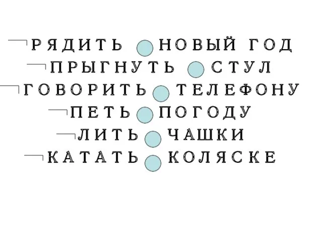 РЯДИТЬ НОВЫЙ ГОД ПРЫГНУТЬ СТУЛ ГОВОРИТЬ ТЕЛЕФОНУ ПЕТЬ ПОГОДУ ЛИТЬ ЧАШКИ КАТАТЬ КОЛЯСКЕ