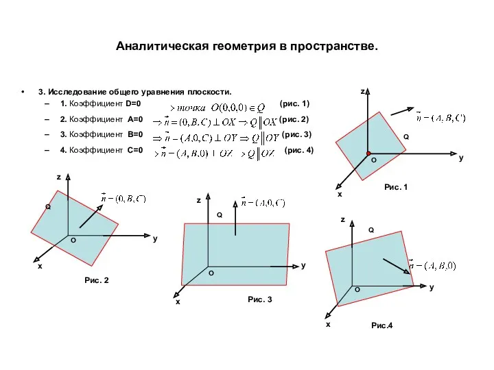 Аналитическая геометрия в пространстве. 3. Исследование общего уравнения плоскости. 1.