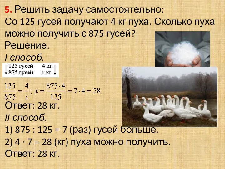 5. Решить задачу самостоятельно: Со 125 гусей получают 4 кг