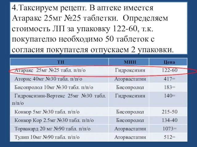 4.Таксируем рецепт. В аптеке имеется Атаракс 25мг №25 таблетки. Определяем