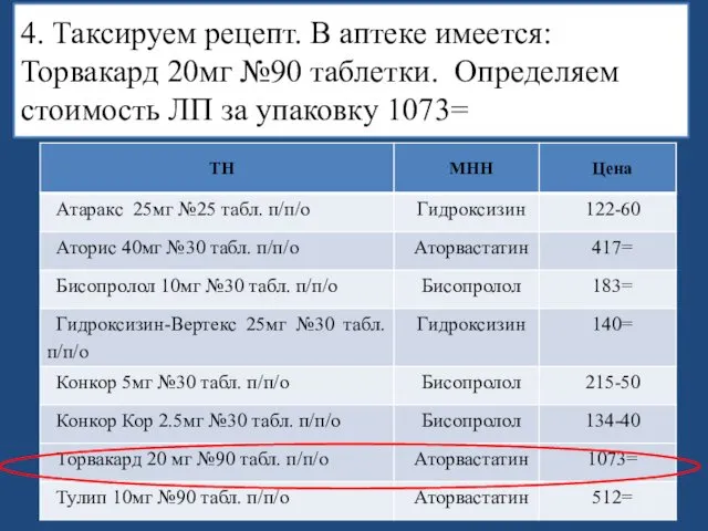 4. Таксируем рецепт. В аптеке имеется: Торвакард 20мг №90 таблетки. Определяем стоимость ЛП за упаковку 1073=