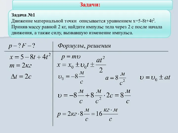 Задачи: Задача №1 Движение материальной точки описывается уравнением х=5-8t+4t2. Приняв