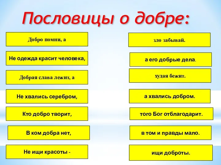 Пословицы о добре: Добро помни, а Не одежда красит человека,