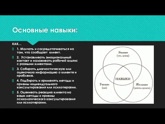 Основные навыки: КАК… 1. Молчать и сосредотачиваться на том, что