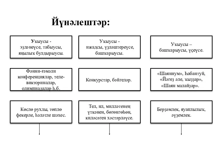 Йүнәлештәр: Берҙәмлек, яуаплылыҡ,әүҙемлек. Тел, ил, милләтенең үткәнен, бөгөнгөһөн, киләсәген хәстәрләүсе.