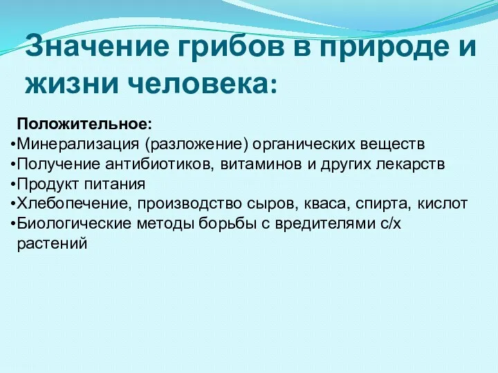 Значение грибов в природе и жизни человека: Положительное: Минерализация (разложение) органических веществ Получение