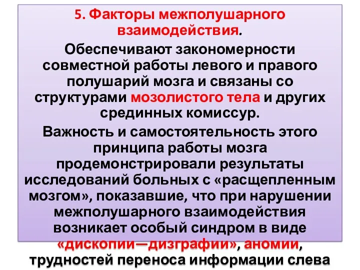 5. Факторы межполушарного взаимодействия. Обеспечивают закономерности совместной работы левого и