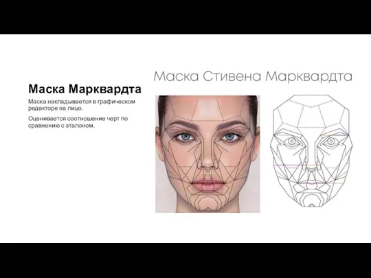 Маска Марквардта Маска накладывается в графическом редакторе на лицо. Оценивается соотношение черт по сравнению с эталоном.
