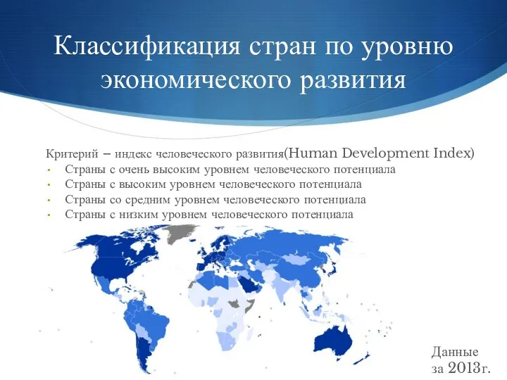 Классификация стран по уровню экономического развития Критерий – индекс человеческого