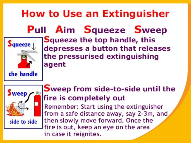 How to Use an Extinguisher Squeeze the top handle, this