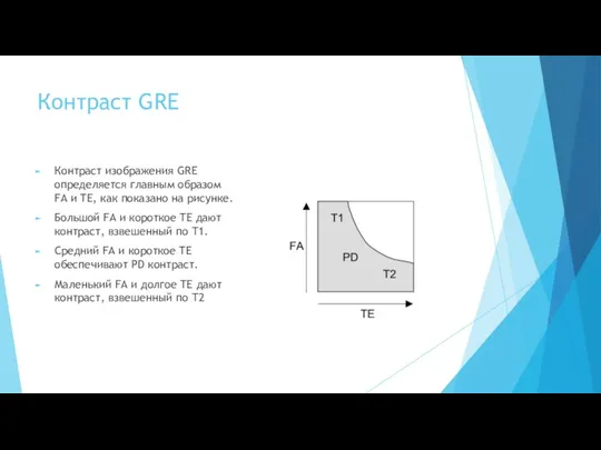 Контраст GRE Контраст изображения GRE определяется главным образом FA и