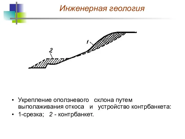 Укрепление оползневого склона путем выполаживания откоса и устройство контрбанкета: 1-срезка; 2 - контрбанкет.