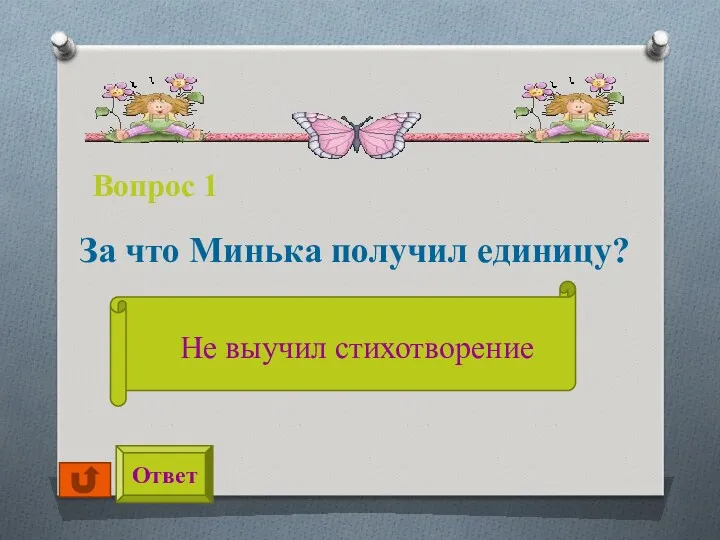 Вопрос 1 За что Минька получил единицу? Ответ Не выучил стихотворение