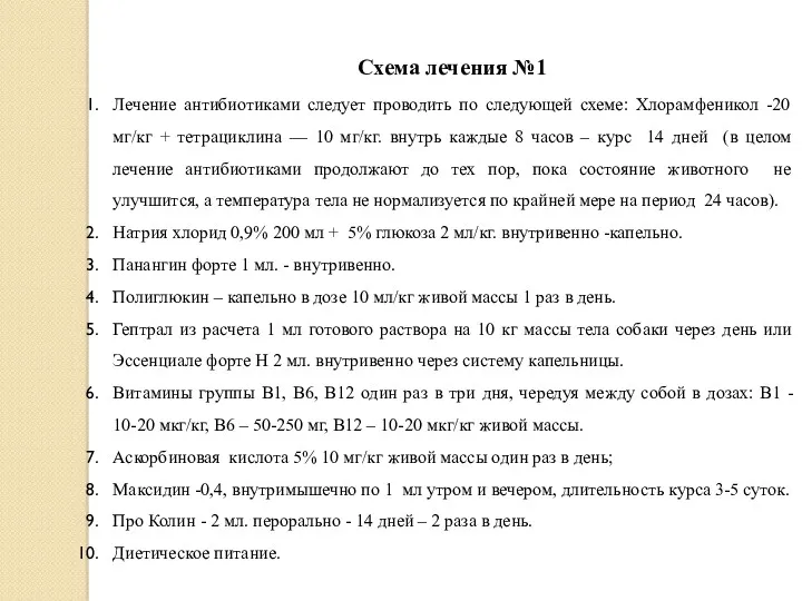 Лечение антибиотиками следует проводить по следующей схеме: Хлорамфеникол -20 мг/кг