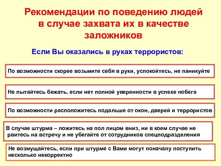 Рекомендации по поведению людей в случае захвата их в качестве