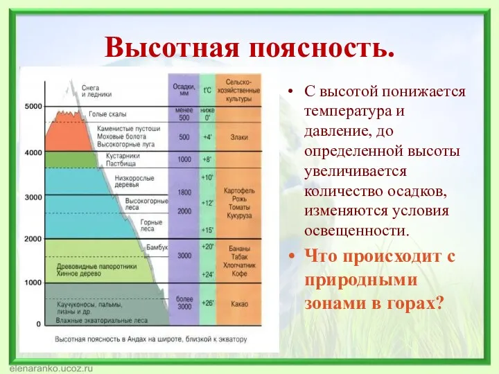 Высотная поясность. С высотой понижается температура и давление, до определенной