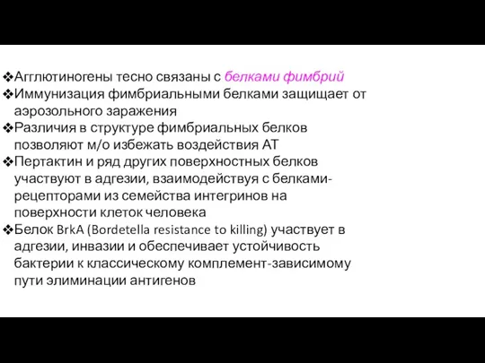 Агглютиногены тесно связаны с белками фимбрий Иммунизация фимбриальными белками защищает