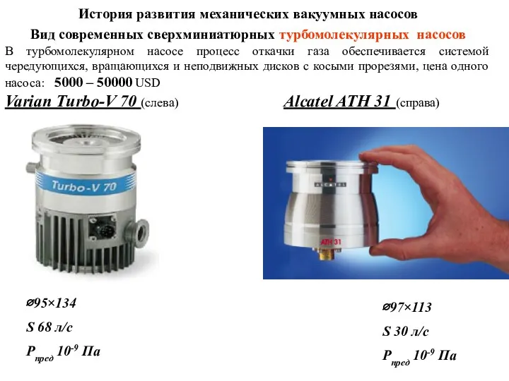 История развития механических вакуумных насосов Вид современных сверхминиатюрных турбомолекулярных насосов