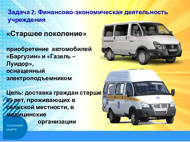 Задача 2: Финансово-экономическая деятельность учреждения «Старшее поколение» приобретение автомобилей «Баргузин»