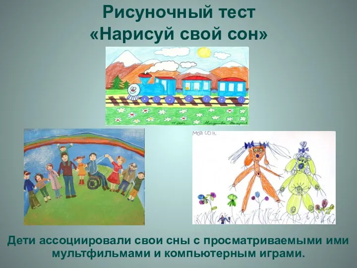 Дети ассоциировали свои сны с просматриваемыми ими мультфильмами и компьютерным играми. Рисуночный тест «Нарисуй свой сон»