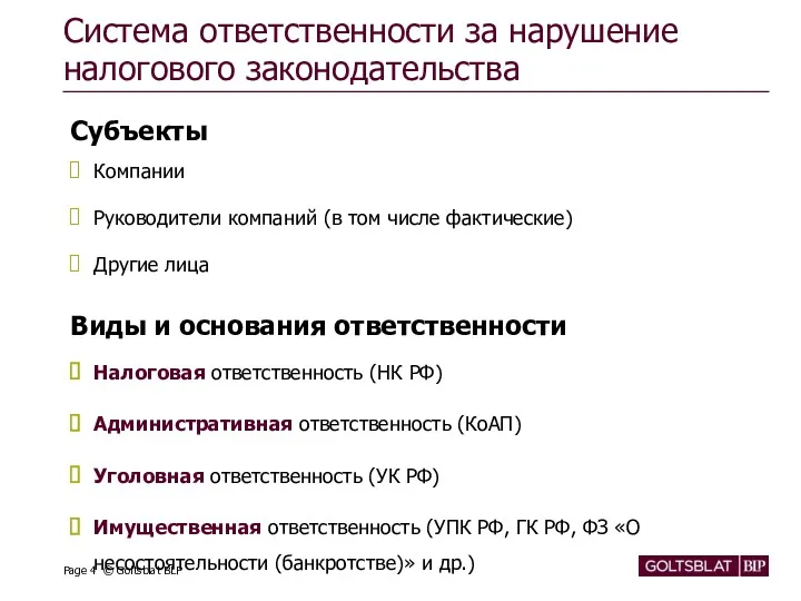 Система ответственности за нарушение налогового законодательства Субъекты Компании Руководители компаний