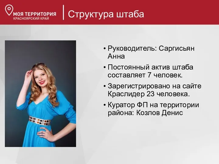 Структура штаба Руководитель: Саргисьян Анна Постоянный актив штаба составляет 7