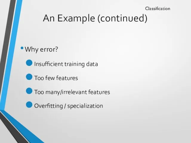 An Example (continued) Why error? Insufficient training data Too few