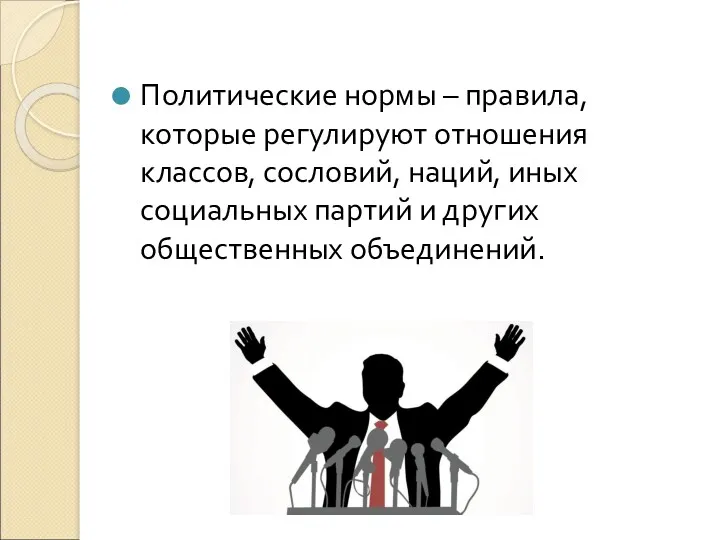 Политические нормы – правила, которые регулируют отношения классов, сословий, наций,