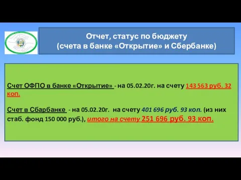 Отчет, статус по бюджету (счета в банке «Открытие» и Сбербанке)