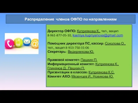 Распределение членов ОФПО по направлениям Директор ОФПО: Куприянова К., тел.,