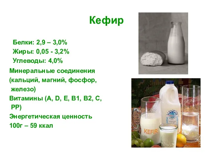 Кефир Белки: 2,9 – 3,0% Жиры: 0,05 - 3,2% Углеводы: 4,0% Минеральные соединения