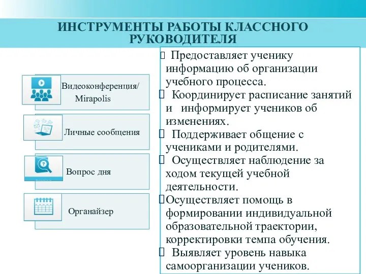 ИНСТРУМЕНТЫ РАБОТЫ КЛАССНОГО РУКОВОДИТЕЛЯ Предоставляет ученику информацию об организации учебного