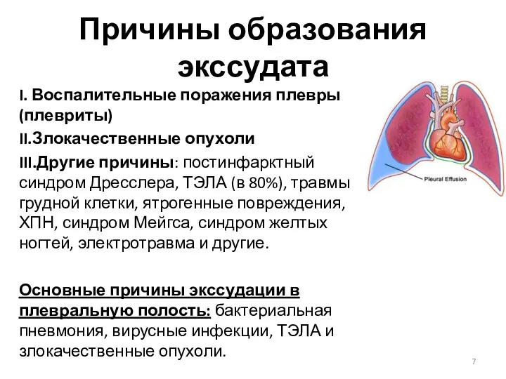 Причины образования экссудата I. Воспалительные поражения плевры (плевриты) II.Злокачественные опухоли