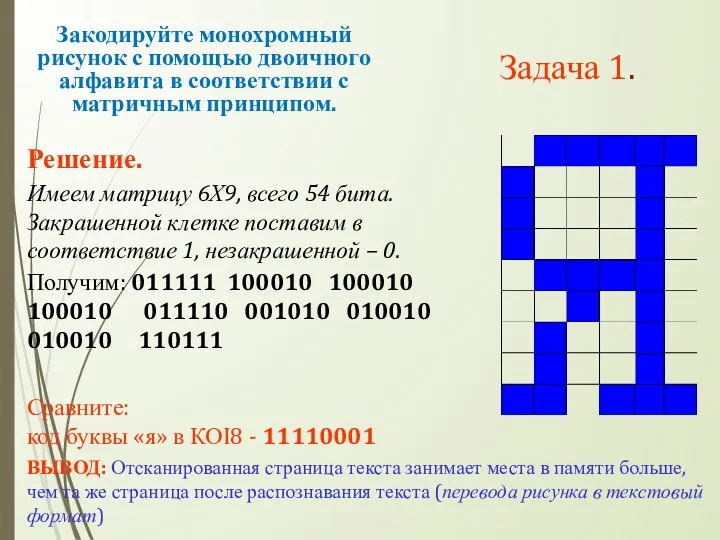 Задача 1. Закодируйте монохромный рисунок с помощью двоичного алфавита в