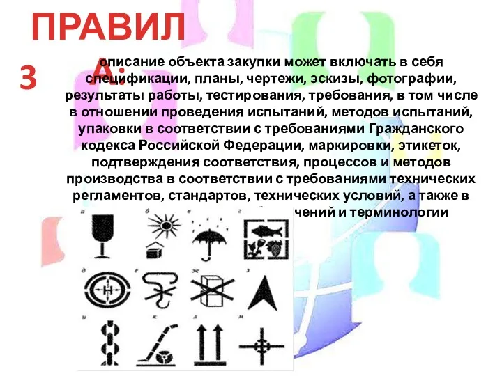 ПРАВИЛА: 3 описание объекта закупки может включать в себя спецификации, планы, чертежи, эскизы,