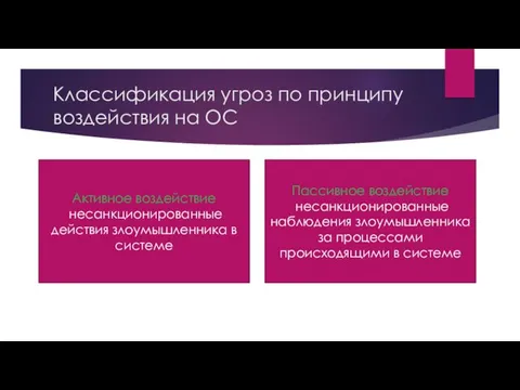 Классификация угроз по принципу воздействия на ОС Активное воздействие несанкционированные