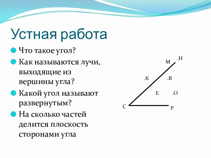 Устная работа Что такое угол? Как называются лучи, выходящие из