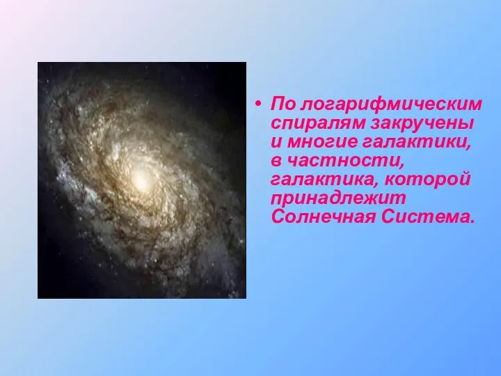 По логарифмическим спиралям закручены и многие галактики, в частности, галактика, которой принадлежит Солнечная Система.