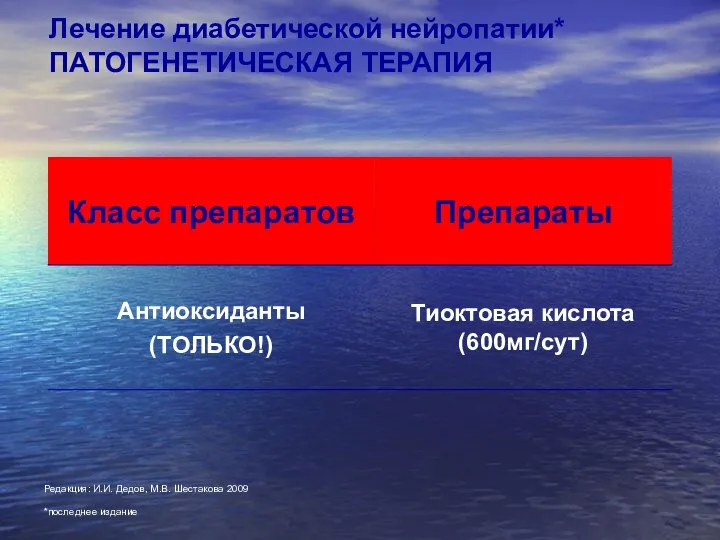 Лечение диабетической нейропатии* ПАТОГЕНЕТИЧЕСКАЯ ТЕРАПИЯ *последнее издание Редакция: И.И. Дедов, М.В. Шестакова 2009