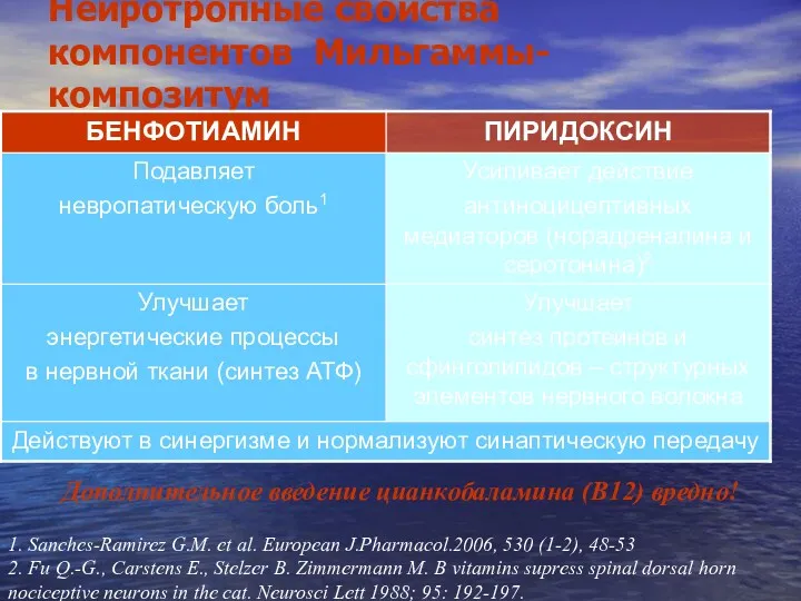 Нейротропные свойства компонентов Мильгаммы-композитум 1. Sanches-Ramirez G.M. et al. European